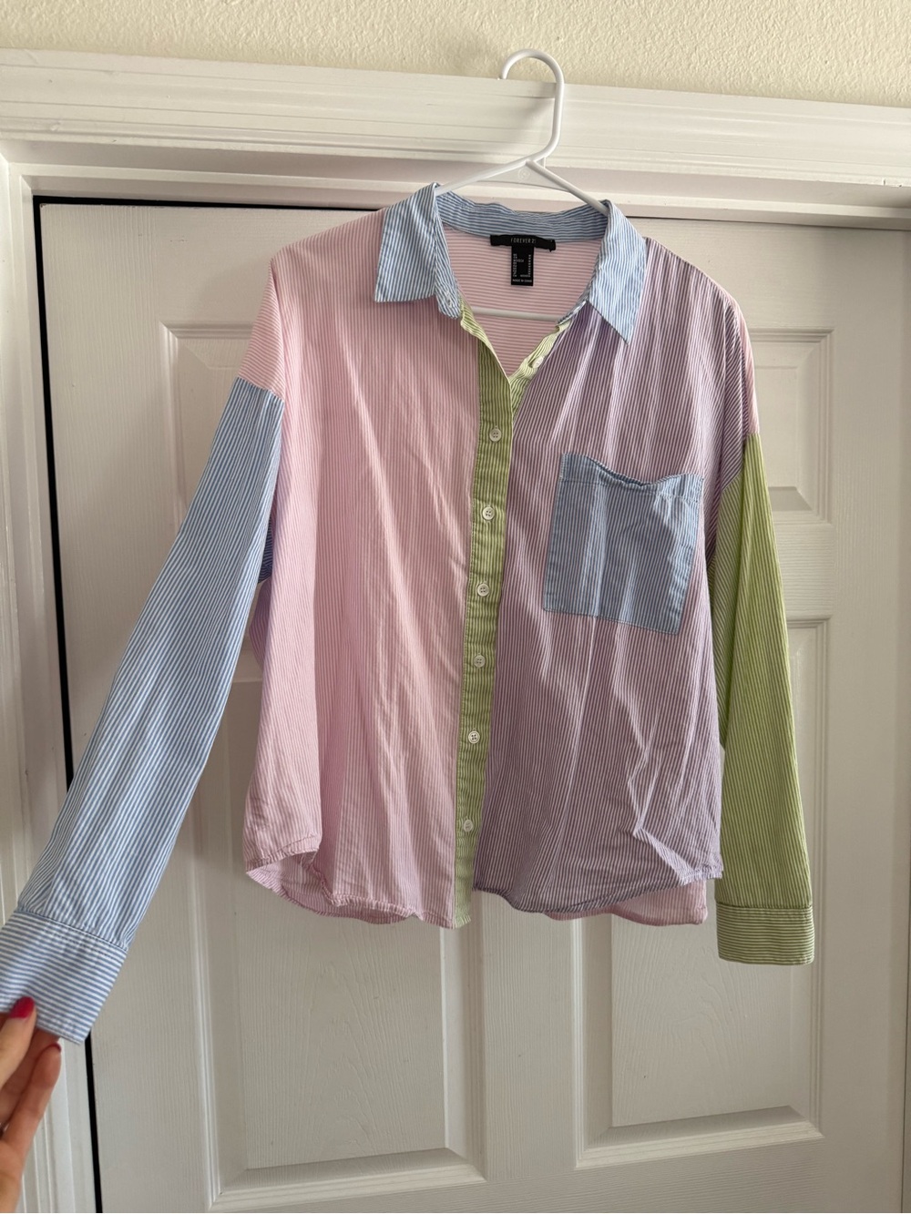 Pastel Stripe Colorblock Button-Down Shirt in Pink, Blue & Green